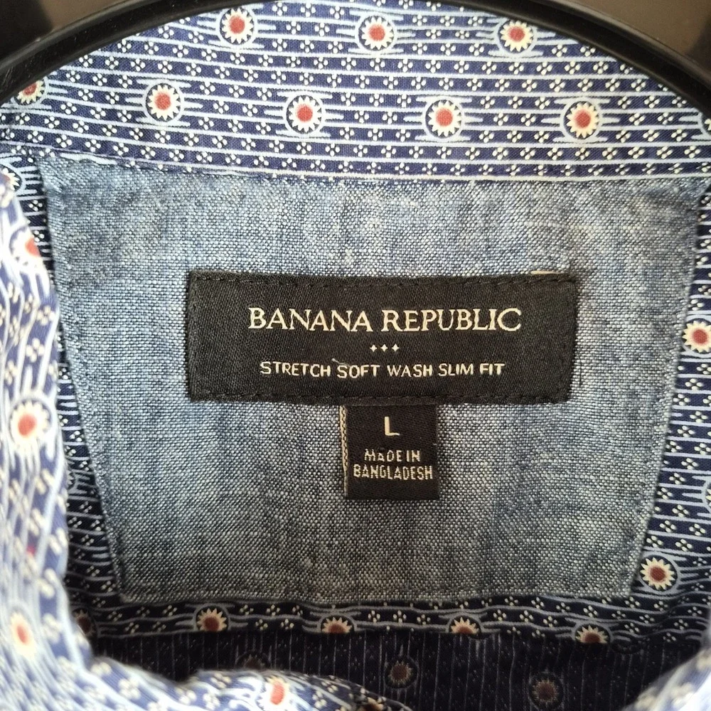 Banana Republic Shirt Mens Large Blue White Geometric Stretch Soft Wash Slim Fit